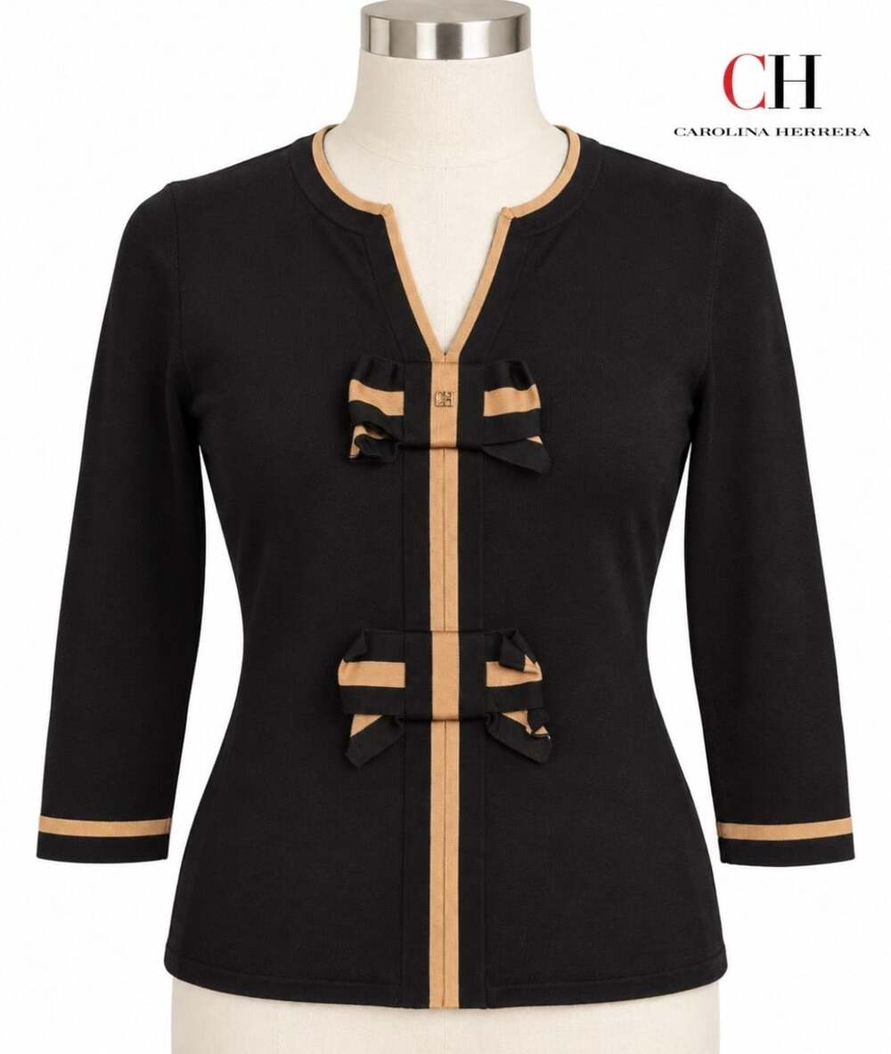 CH Carolina Herrera Black Bow Contrast Trim Knit Top M Quiet Luxury